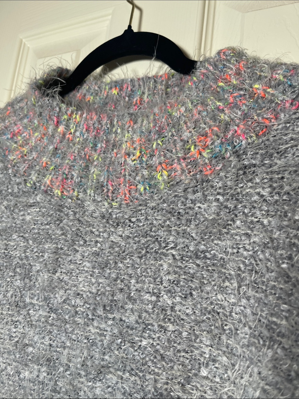 Free People Gray Fuzzy Crewneck Sweater with Pastel Multicolor Trim - Picture 2 of 8